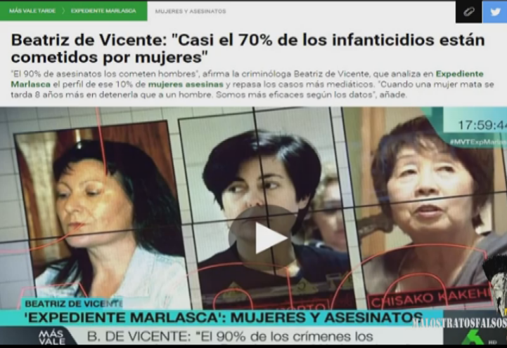 BEATRIZ DE VICENTE, criminóloga:"Casi el 70% de los infanticidios están cometidos por mujeres". Pero se queda corta porque los asesinatos como el de la hija de ana julia quezada, se considera suicidio. La niña "se suicidó" aunque no llegaba ni a la ventana. ana julia quezada es la que mató al PEQUEÑO GABRIEL.